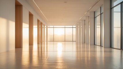Obraz premium Modern Office Corridor Bathed in Warm Sunrise Light Reflection