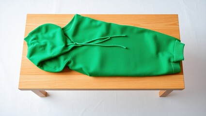 Green Hoodie Sweatshirt Resting On Wooden Table