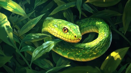 Obraz premium Green Snake Hidden Among Lush Green Foliage