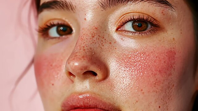 acne on woman face with rash skin, scar, and red skin syndrome allergic to cosmetics, use steroids, dermatology, inflammation, infection, hygiene
