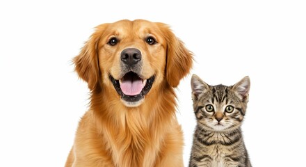 Golden Retriever and Tabby Kitten Together on White Background - Friendship of Pets