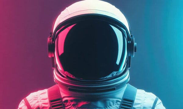An astronaut in a space suit stands against a vibrant backdrop, illuminated in shades of pink and blue, creating a striking visual contrast.
