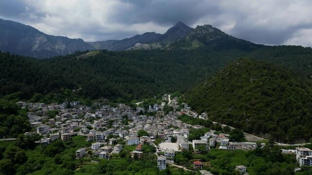 Aerial View of Panagia Village and Ipsarion Mountains on Thasos Island, Greece