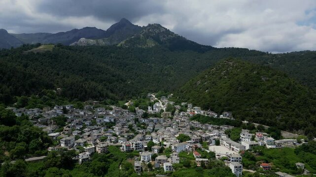 Aerial View of Panagia Village and Ipsarion Mountains on Thasos Island, Greece