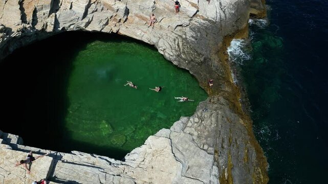 Giola Lagoon on Thasos, Greece. Aerial View of Natural Rock Pool, with Turquoise Waters and Cliffs