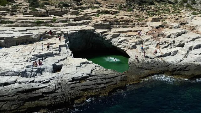 Giola Lagoon on Thasos, Greece. Aerial View of Natural Rock Pool, with Turquoise Waters and Cliffs