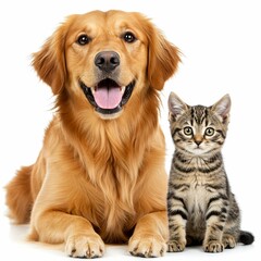 Golden Retriever and Tabby Kitten Together on White Background - Friendship of Pets