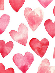 Obraz premium Watercolor illustration, pink and red hand drawn hearts. Valentine's day, wedding. Texture of paint on paper, pattern, background.