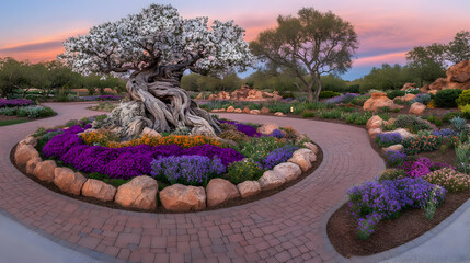 Sunset Garden Path Landscape Illustration