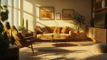 Fototapeta premium 北欧風のインテリアが目を引く、理想的なホテルライクなリビングルーム。アロマと優しい光でリラックスできる部屋。