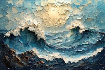 Impasto ocean waves, sunlit sky, textured painting.