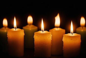 A close-up of candles burning with abstract defocused lights in the background