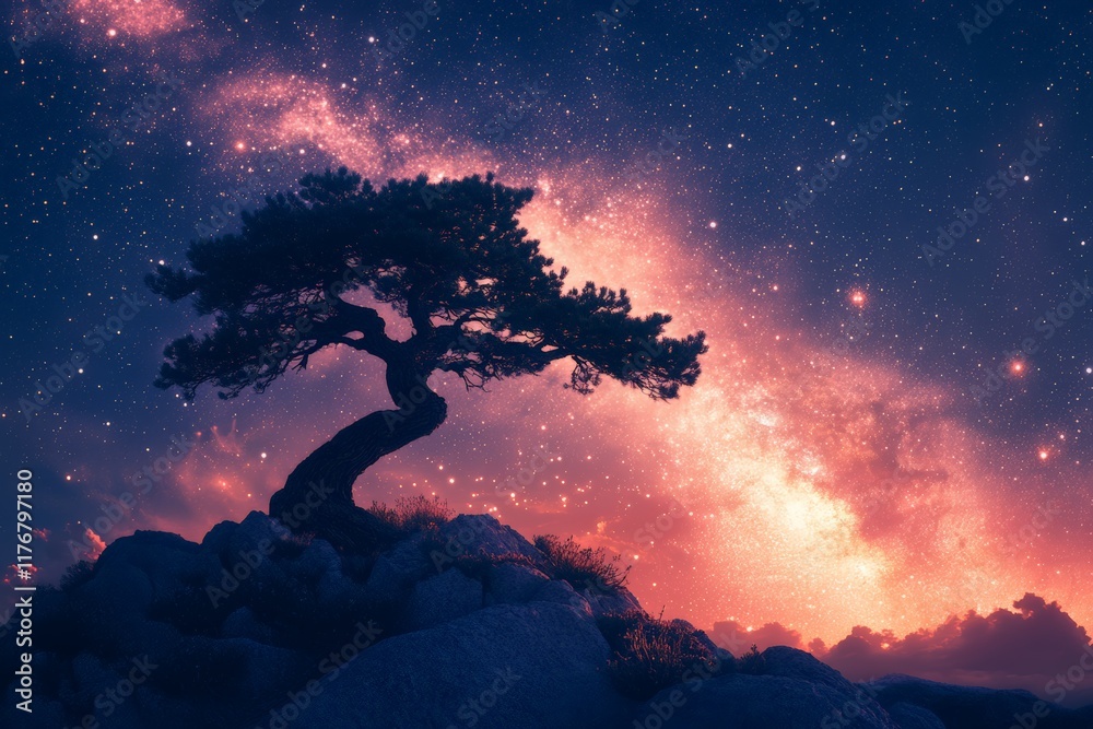 Poster A striking silhouette of a twisted tree set against a vibrant galaxy backdrop filled with stars, creating a sense of awe and wonder in a timeless atmosphere.