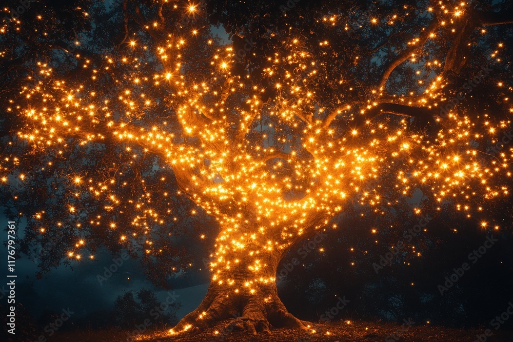 Poster a stunning image of a grand tree twinkling with sparkling lights in a serene setting, invoking feeli