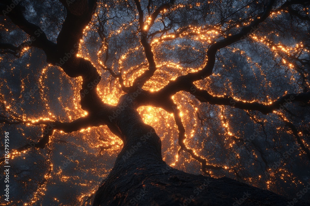 Poster A mesmerizing view looking up into a spiraling tree adorned with glowing lights, evoking a sense of wonder, magic, and connection to the cosmos and the nature's beauty.
