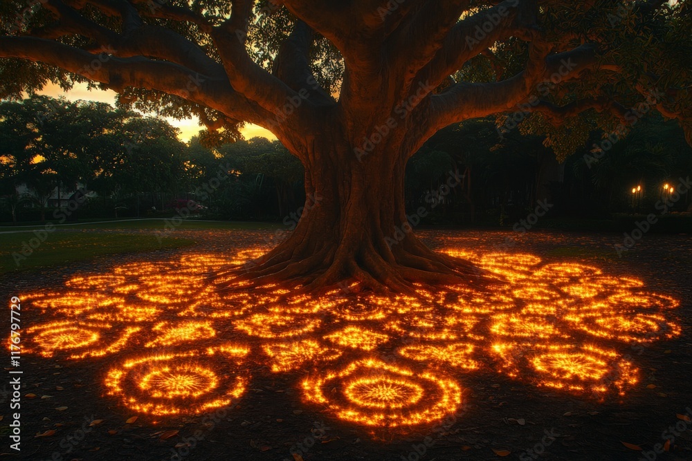 Poster A majestic tree stands at sunset, its roots shimmering with intricate, fiery patterns, creating a magical ambiance in the serene park environment surrounding it.
