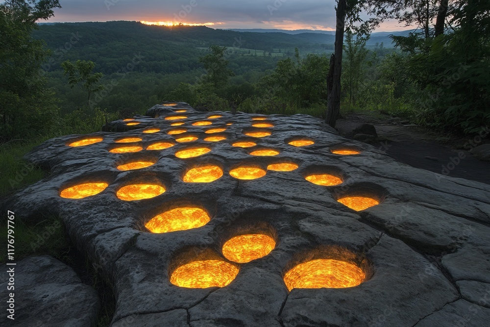 Poster a mesmerizing image featuring a rocky surface adorned with glowing pockets, radiating warmth and bea