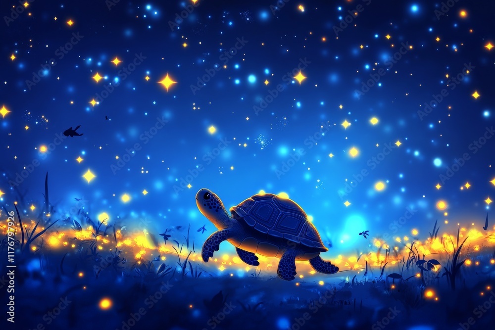 Poster A serene turtle walks amidst a glowing landscape filled with stars and sparkling elements, capturing a moment of tranquility and wonder in a cosmic setting.