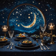 "A celestial-themed dinner set with starry night designs and crescent moons."