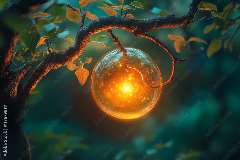 Poster a glowing orb suspended from a branch, casting a warm light amidst lush foliage, creating a captivat