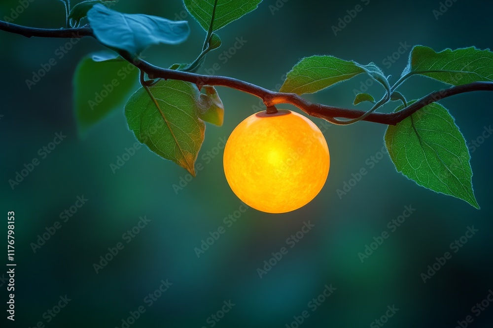 Poster a luminous sphere perched delicately on a branch, surrounded by glowing leaves, emphasizing a sense 