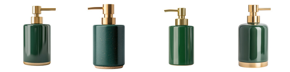 Obraz premium Elegant Emerald Green and Gold Ceramic Bathroom Dispenser Bottles for Luxury Home Interior Decor Minimalist modern and stylish design for beauty grooming and hygiene products