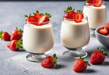 A glass with layers of panna cotta and strawberries, topped with a mint leaf.