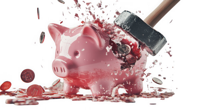 Broken Pink Piggy Bank with Coins around It - Powered by Adobe