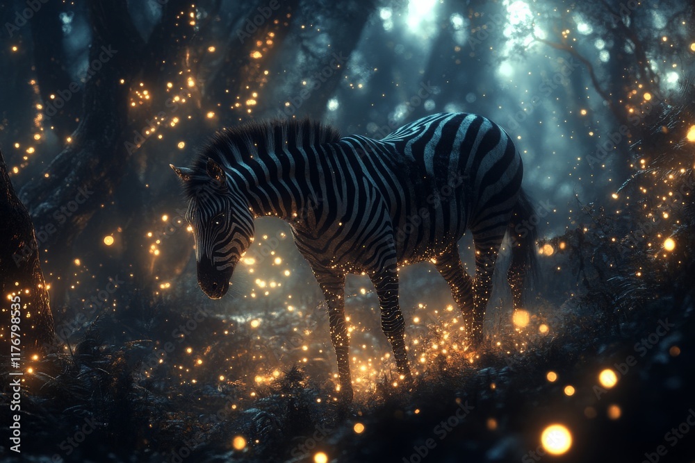 Poster a striking zebra stands in a mystical forest filled with glowing sparks, highlighting the enchanting