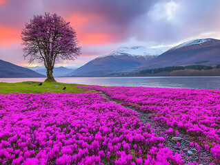 Obraz premium Sunset Landscape Illustration: Purple Flowers and Mountains