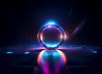 A luminous, iridescent ring floats above a reflective surface, emitting vibrant blue, pink, and purple light.  Surrounding particles add to the otherworldly ambiance.