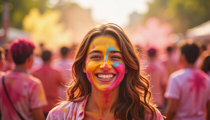 Naklejka premium Smiling young woman with colorful face paint in a festive atmosphere during Holi celebration