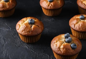 A close-up of freshly baked muffins on a dark background