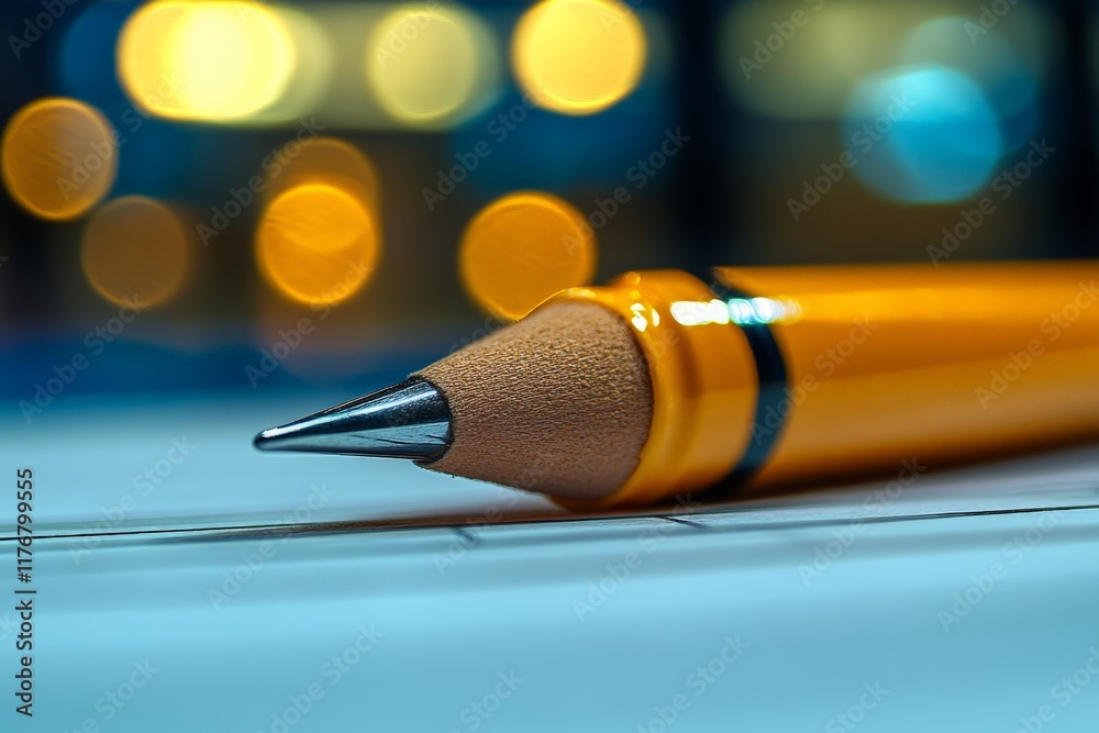 Poster This image features a close-up of an orange pencil with a shiny metallic tip and vibrant bokeh in the background, showcasing a warm and creative atmosphere.
