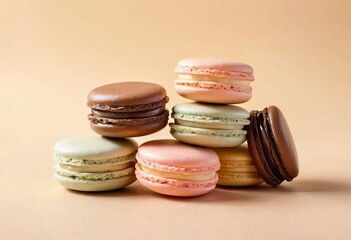 A close-up of a variety of French macarons on a pastel beige background