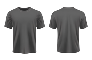  Vector flat illustration of a plain dark grey t-shirt template, front and back view on a transparent  background 
