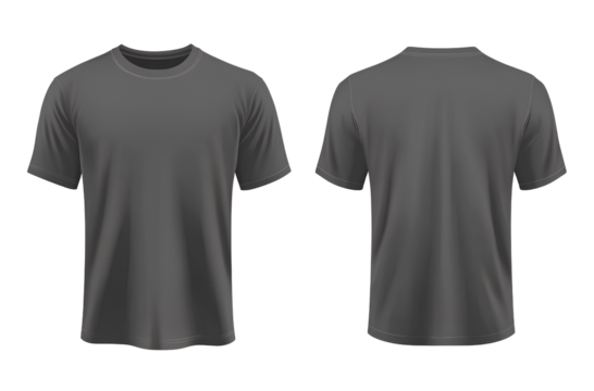  Vector flat illustration of a plain dark grey t-shirt template, front and back view on a transparent  background 