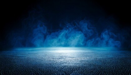 Rays, spotlights light. Empty dark scene with blue light. Asphalt blue dark street with smoke. 