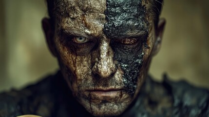 Burn victim portrait, dark background, intense gaze, horror film