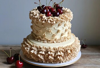 A birthday cake with buttercream ruffles and cherries on top, decorated in a vintage style