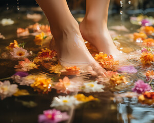 Foot spa in a tub with floating flowers
