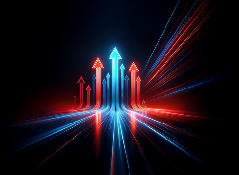 Glowing red and blue arrows converge on a central point, symbolizing growth, progress, and opposing forces finding unity. Light streaks radiate outwards, creating a dynamic, futuristic feel. - Powered by Adobe