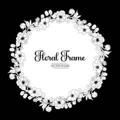 Elegant Black and White Floral Frame. A sophisticated circular frame featuring delicate black and white floral illustrations, perfect for wedding invitations, cards, or elegant designs.