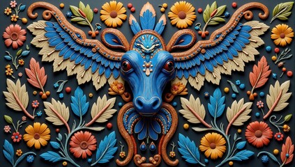 Majestic mythical blue cow with wings and floral ornaments embracing harmony