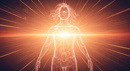 Glowing Human Figure with Energy Light Rays