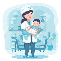 Nurse holding a baby in a medical setting.
