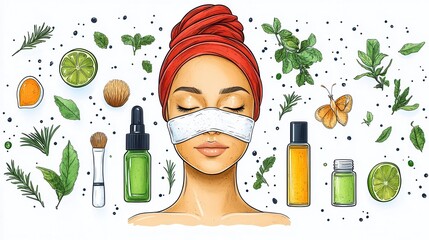 Woman with facial mask, surrounded by natural beauty products and herbs.