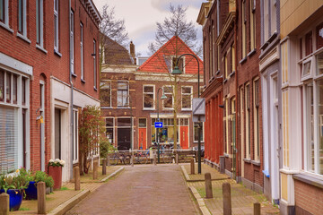 Fototapeta premium Street view with houses in Delft, Netherlands