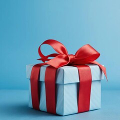 A gift box with a red bow on a blue background