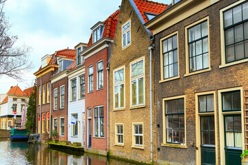 Obraz premium Street view with canal in Delft, Holland